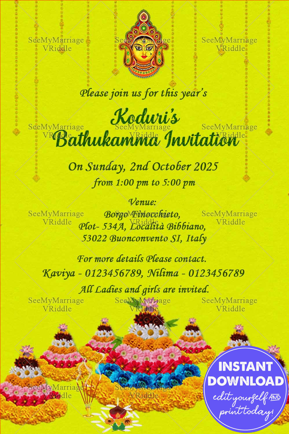Green Theme Bathukamma Pooja Invitation Card