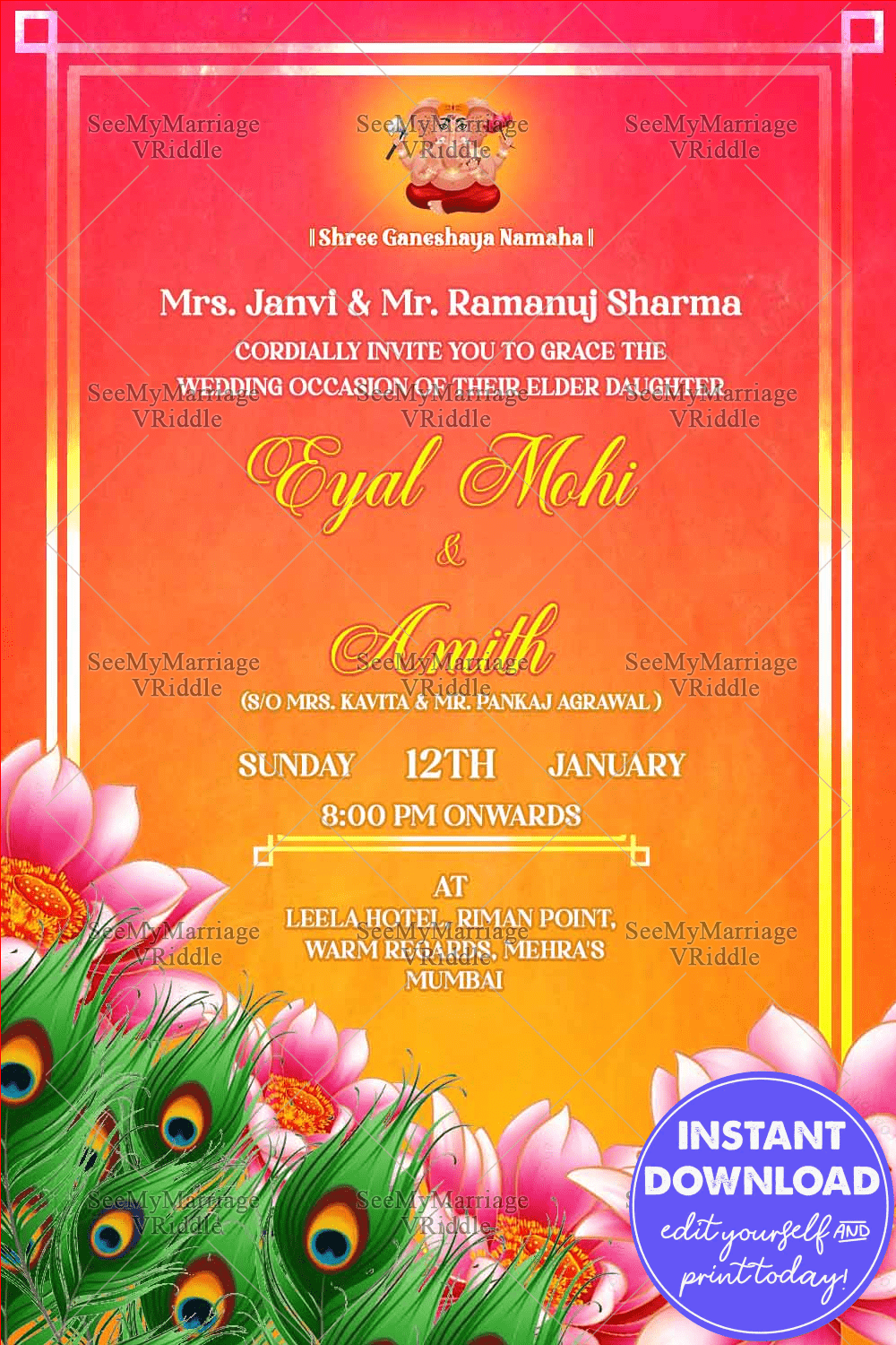 Orange Traditional Wedding Invitation Card Pink Floral Peacock Feather