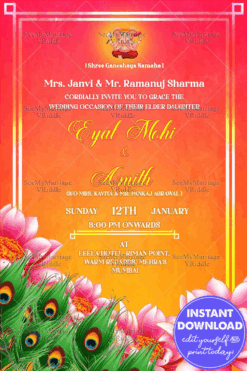 Orange Traditional Wedding Invitation Card Pink Floral Peacock Feather