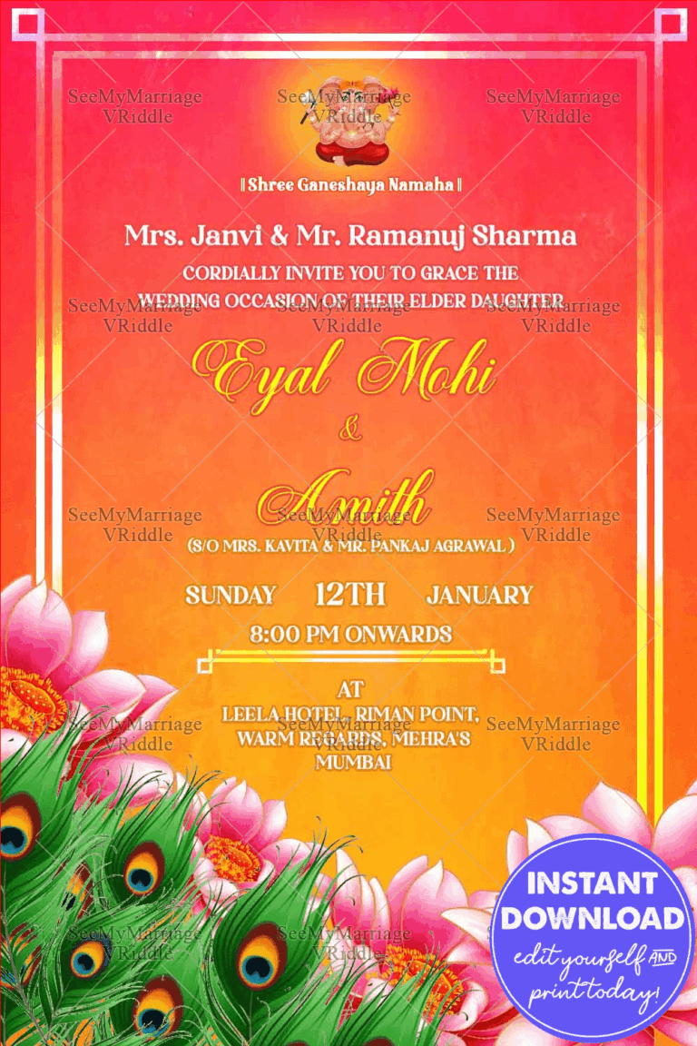 Orange Traditional Wedding Invitation Card Pink Floral Peacock Feather