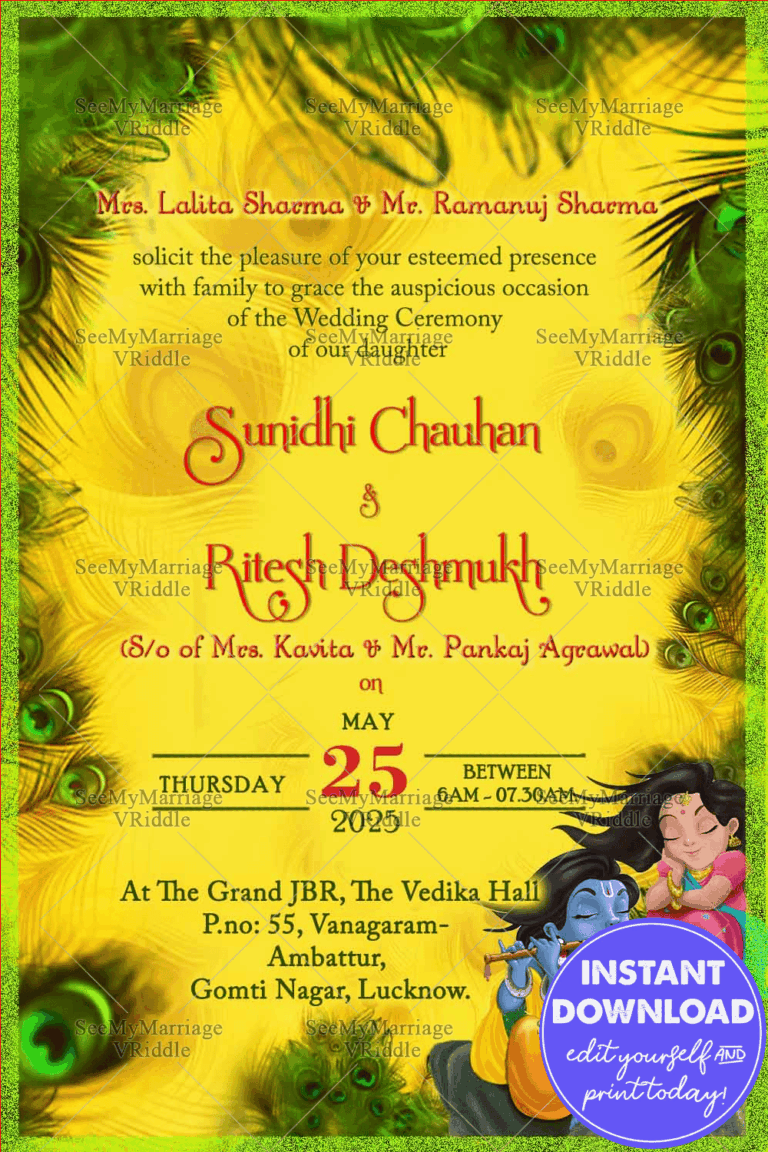 Peacock Feather Wedding Invitation Card Radha Krishna Yellow Theme