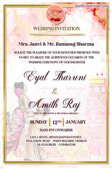 Pink Temple Sketch Wedding Invitation Card Romantic Bridal Couple (1)