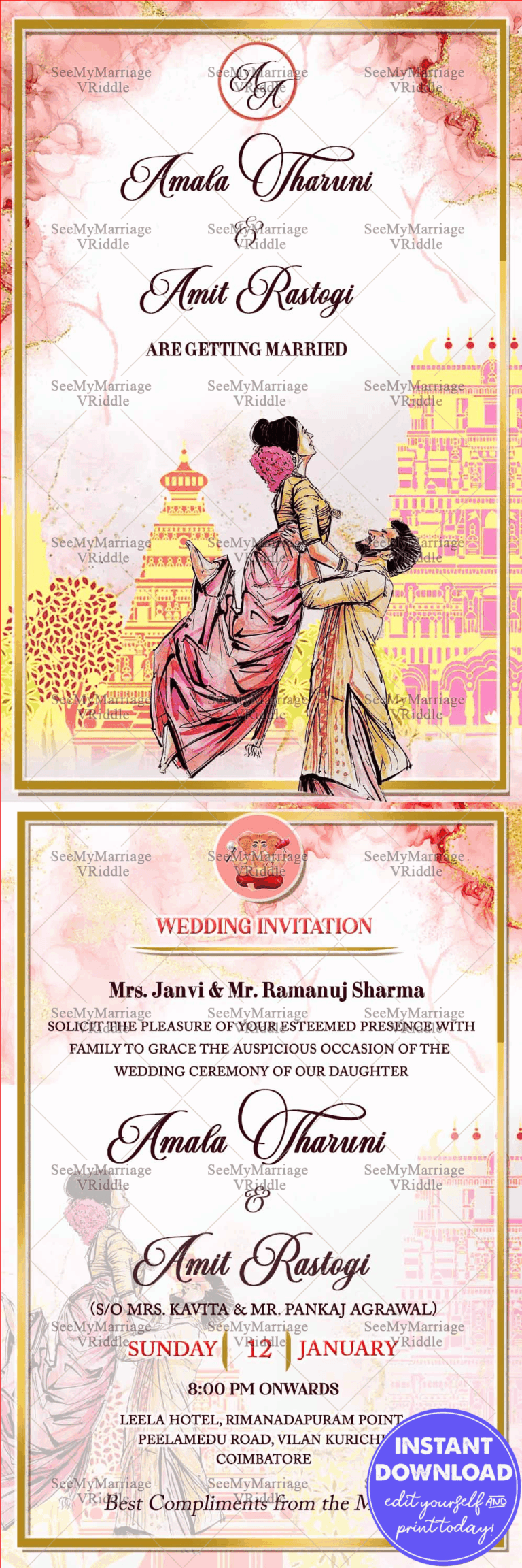 Pink Temple Sketch Wedding Invitation Card Romantic Bridal Couple