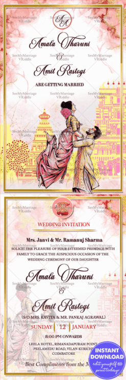 Pink Temple Sketch Wedding Invitation Card Romantic Bridal Couple