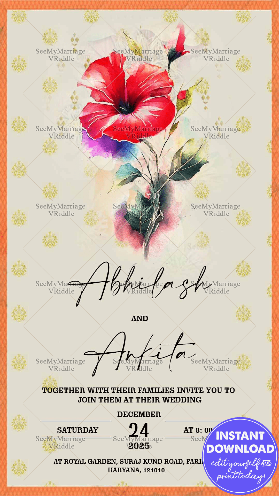 Red Hibiscus Wedding Invitation Card Artistic Cream Theme
