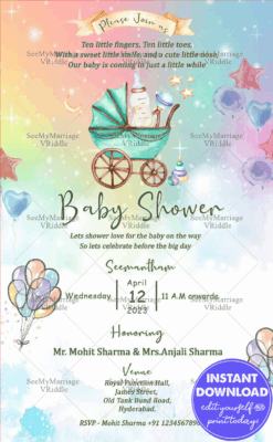 Sparkling Baby Shower Invitation Card Colourful Star Heart Balloons