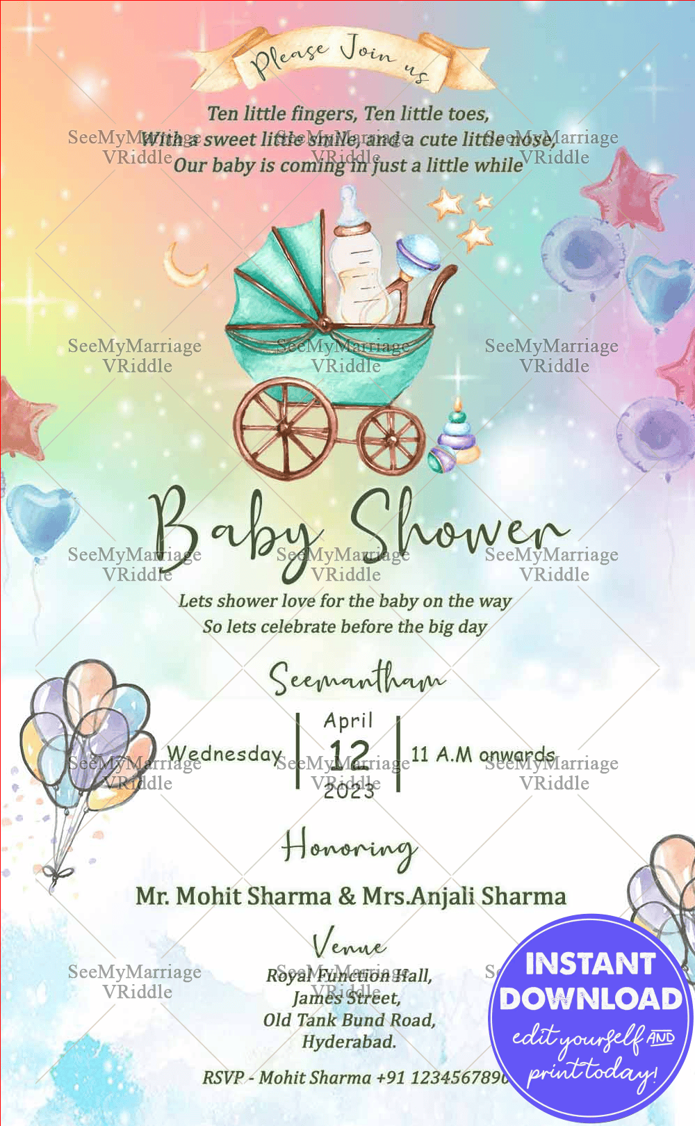 Sparkling Baby Shower Invitation Colourful Star Heart Balloons