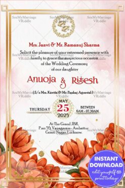 Traditional Pastel Pink Wedding Invitation Card Orange Lotus