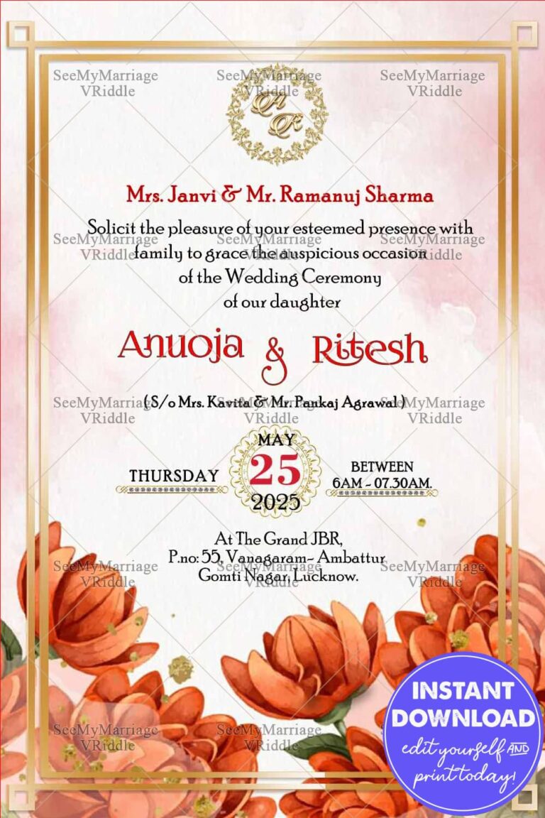 Traditional Pastel Pink Wedding Invitation Card Orange Lotus