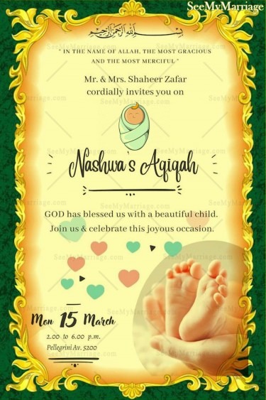 Vintage Aqiqah Invitation card Green Gold Theme