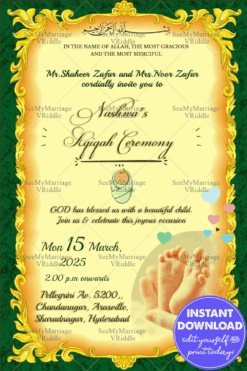 Vintage Aqiqah Invitation card Green Gold Theme