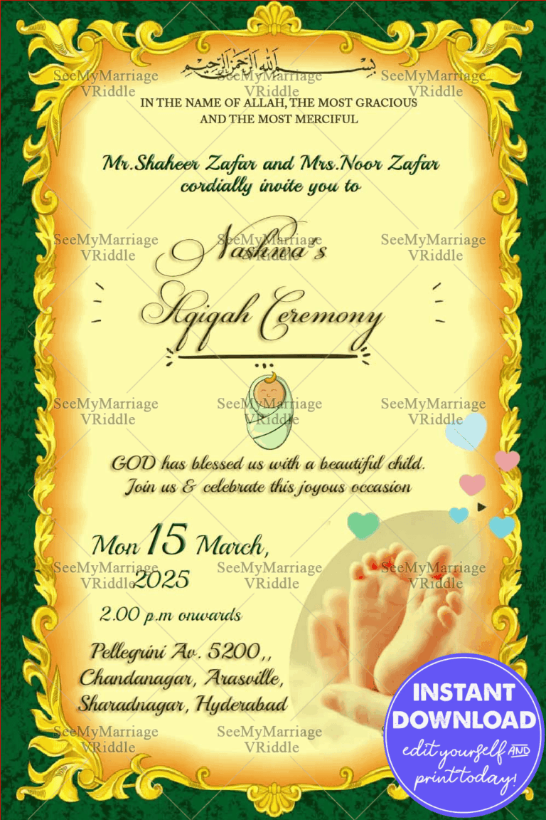Vintage Aqiqah Invitation card Green Gold Theme