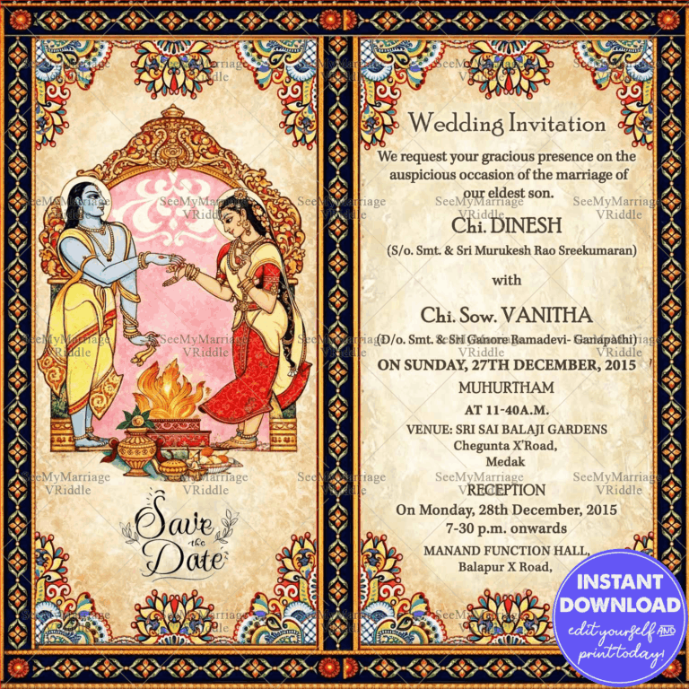 Vintage Radha Krishna Wedding Invitation Card Bapu Bomma Art