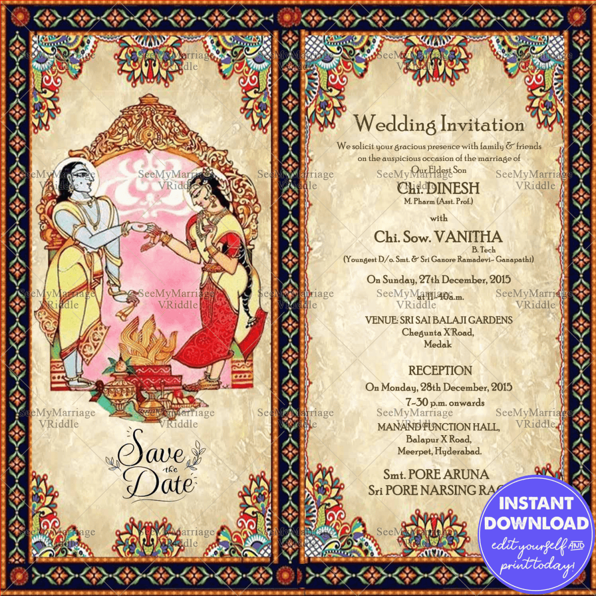 Vintage Radha Krishna Wedding Invitation Card Bapu Bomma Art ...