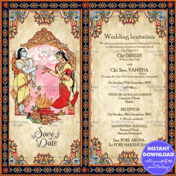 Vintage Radha Krishna Wedding Invitation Card Bapu Bomma Art Instant