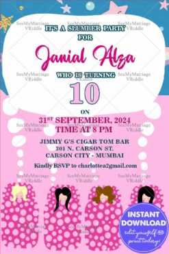 Dream Birthday Slumber Party Invitation Card Cartoon Girls Pink Theme