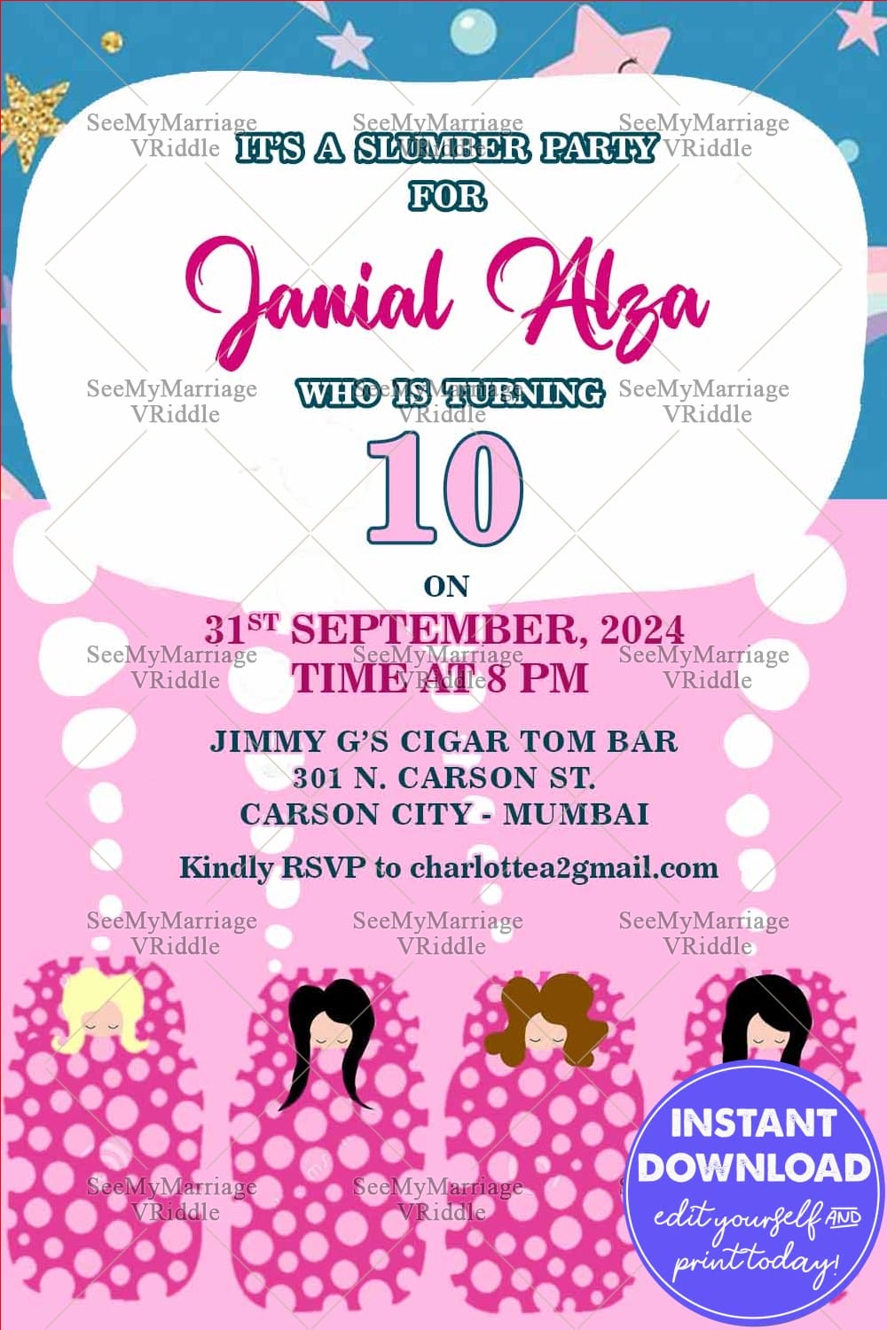 Dream Birthday Slumber Party Invitation Card Cartoon Girls Pink Theme