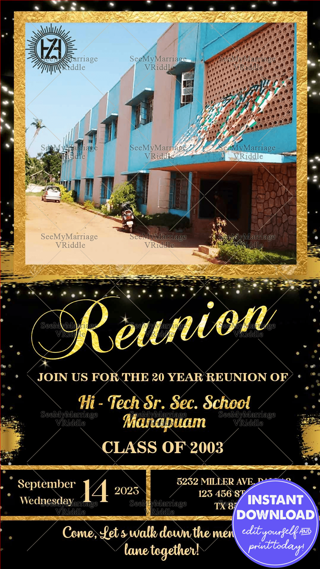 Formal School Reunion Invitation Card Black Gold Add Photo