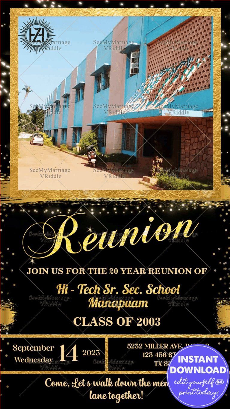 Formal School Reunion Invitation Card Black Gold Add Photo