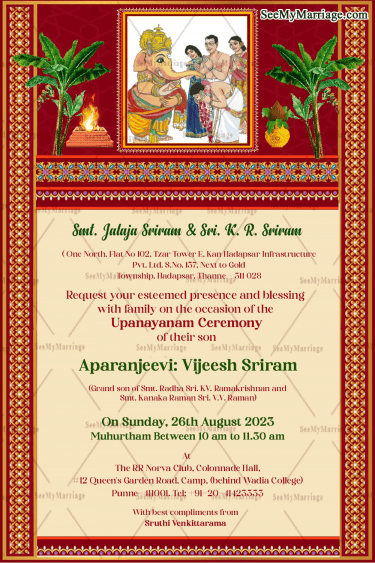 Ganesha Blessings Upanayanam Ceremony Invitation Card Traditional Red