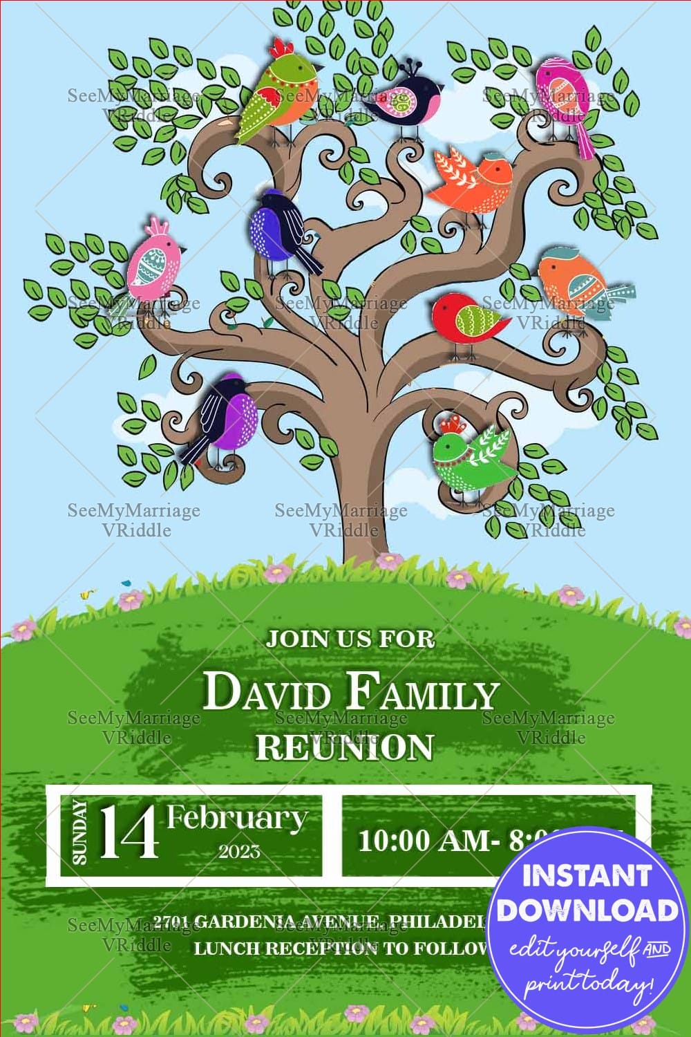Green Tree Family Reunion Invitation Card Colourful Birdies