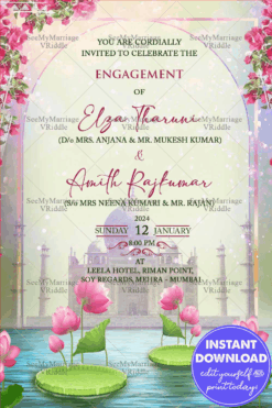 Lotus Pond Theme Engagement Invitation Taj Mahal Eternal Love