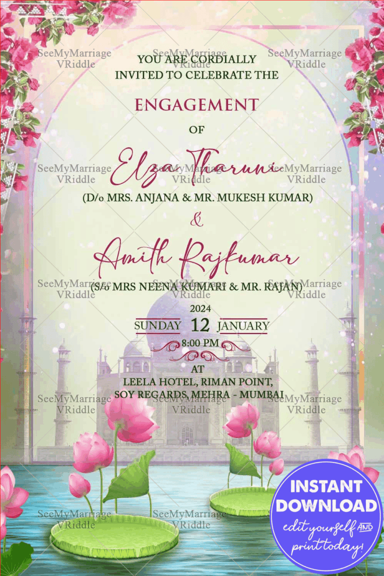 Lotus Pond Theme Engagement Invitation Taj Mahal Eternal Love