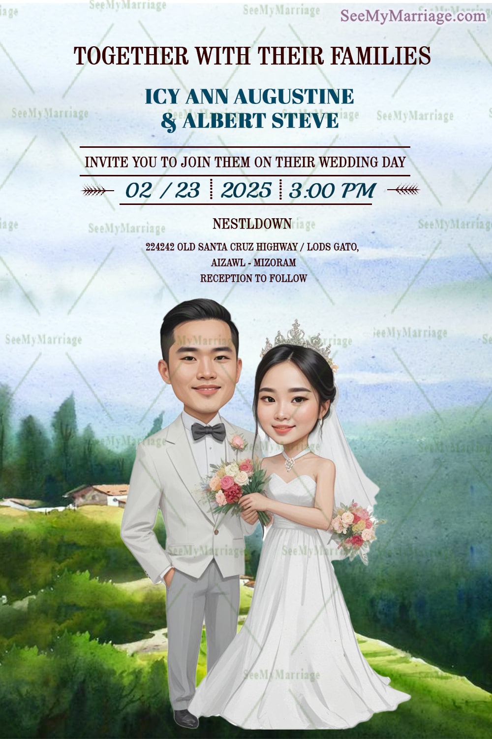 Mizo Caricature Christian Wedding Invitation Card Scenic Hills
