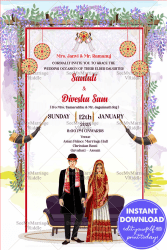 Modern Assamese Wedding Invitation Card Lilac Flowers Horn Instrument