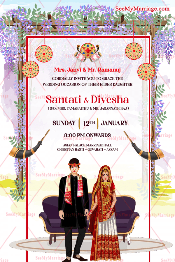 Modern Assamese Wedding Invitation Card Lilac Flowers Horn Instrument ...