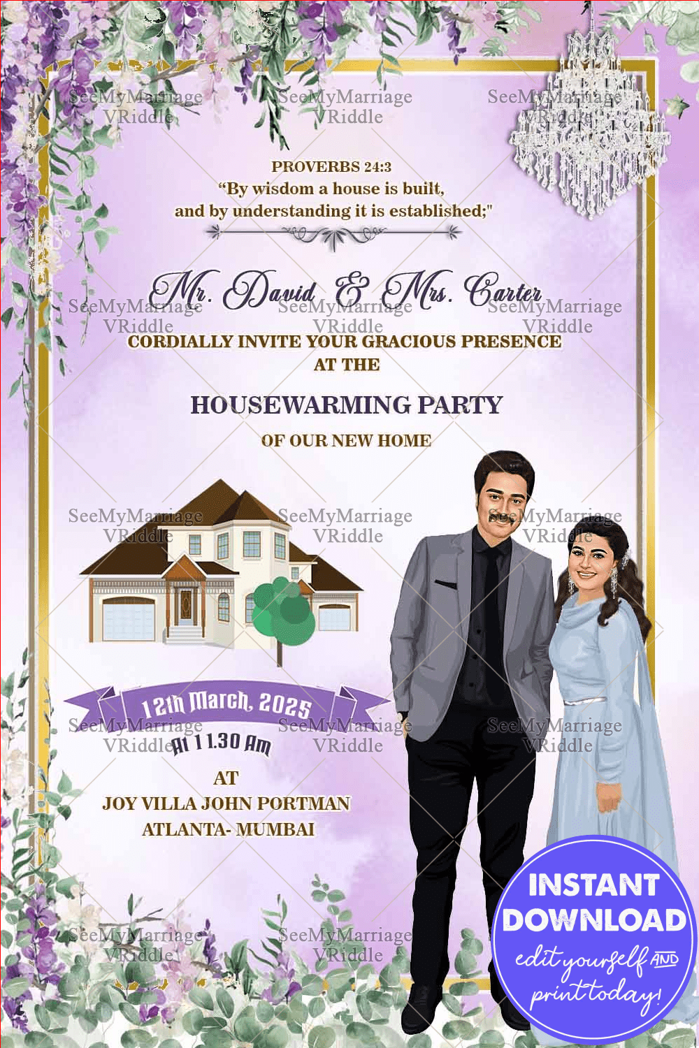 Modern Caricature Housewarming Invitation Card Add Home Photo