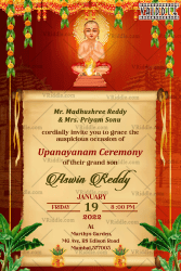 Red Thread Ceremony Invitation Card Traditional Vedic Boy Scroll Theme
