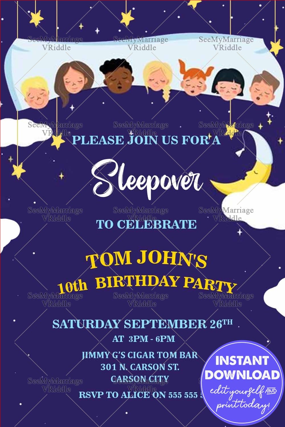Sleepover Birthday Party Invitation Card Blue Night Theme