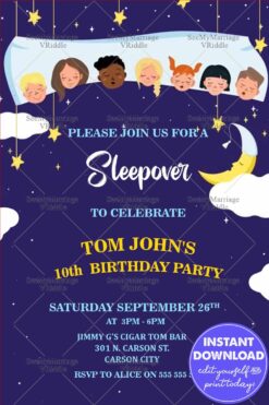 Sleepover Birthday Party Invitation Card Blue Night Theme