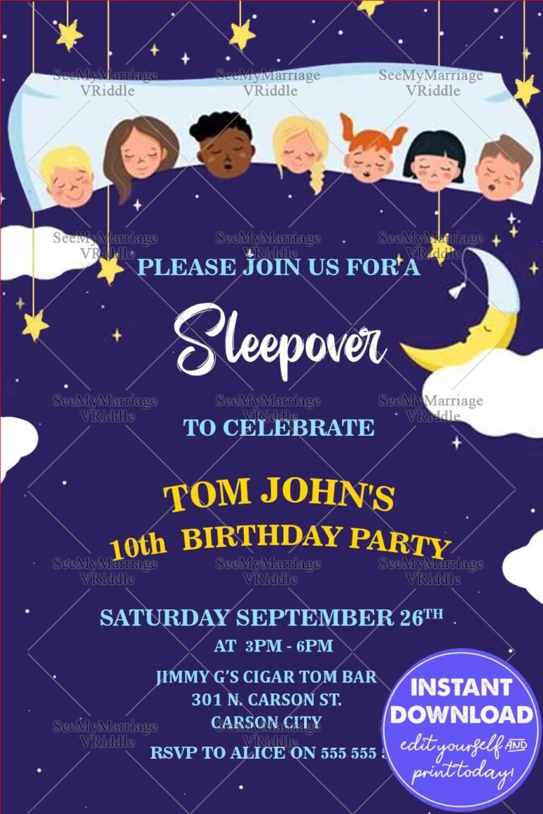 Sleepover Birthday Party Invitation Card Blue Night Theme