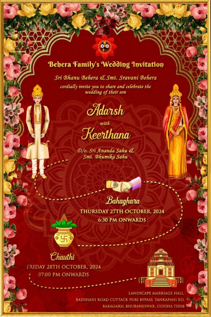 Traditional Red Odiya Wedding Invitation Video Cartoon Couple Marriage Journey