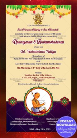 Traditional Upanayanam Ceremony Invitation Card Vedic Boy Illustration