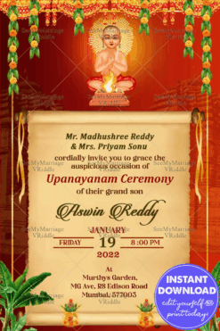 Red Thread Ceremony Invitation Card Traditional Vedic Boy Scroll Theme