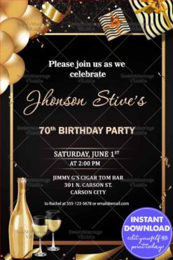 Black Gold 70th Birthday Invitation Dream Cocktail Party