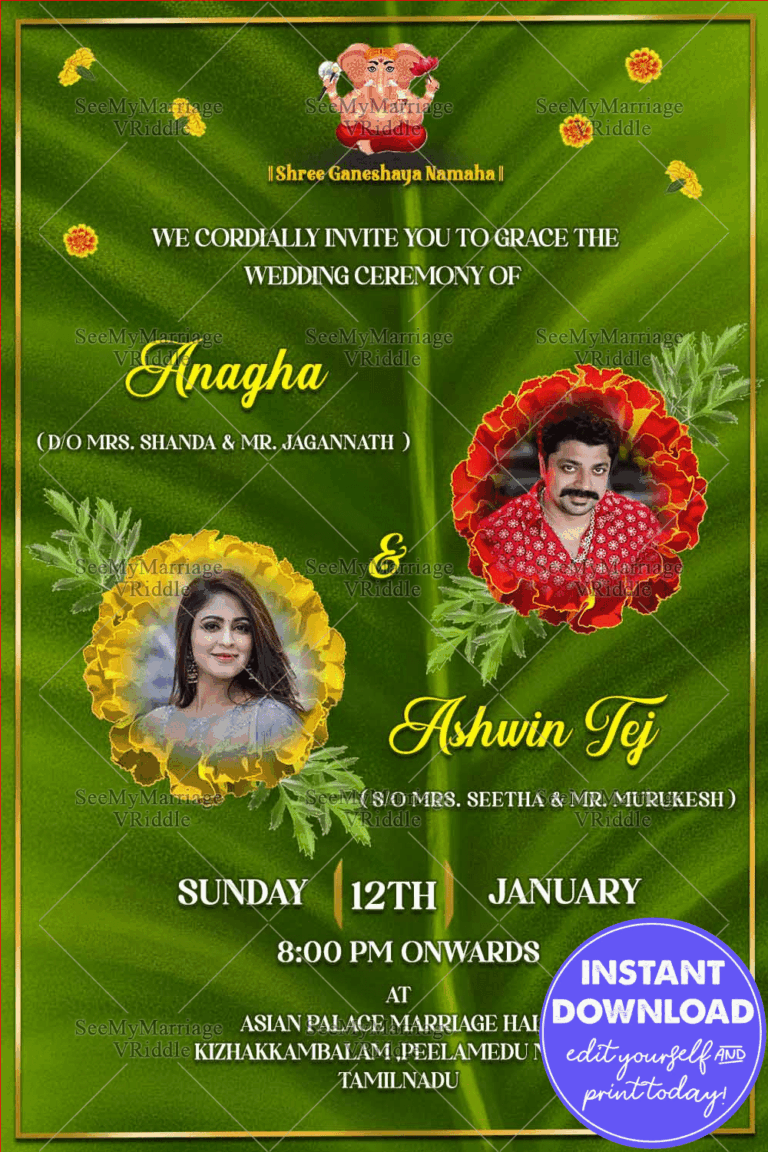 Add Photo Wedding Invitation Card Banana Leaf Theme