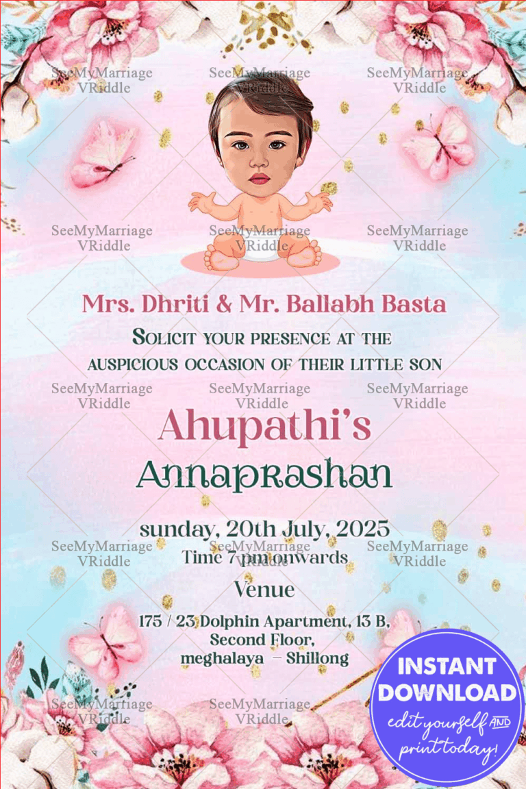 Assamese Baby  Annaprashan Ceremony Card Pink Blue Floral