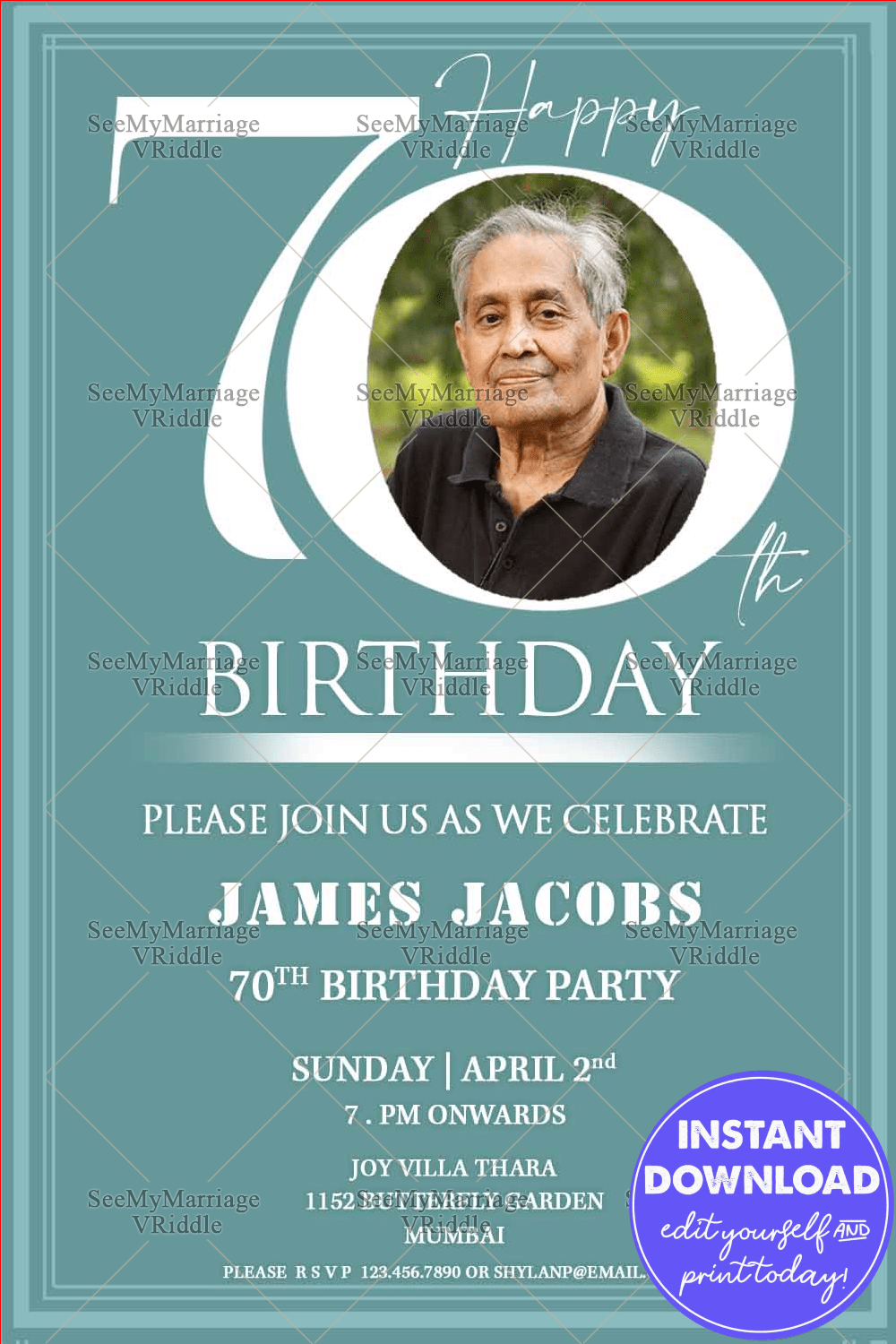 Chalk Blue 70th Birthday Invitation Add Photo