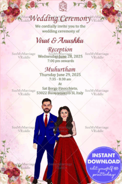 Couple Caricature Wedding Invitation Card Romantic Pink floral