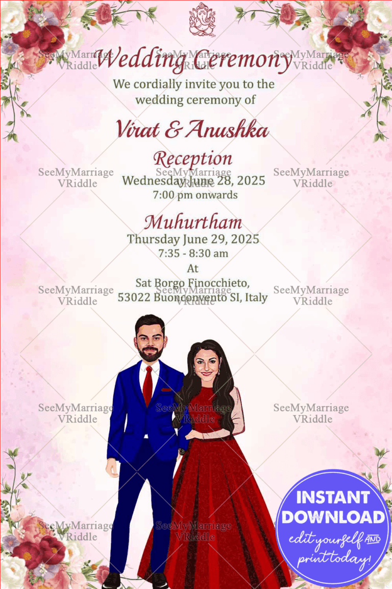 Couple Caricature Wedding Invitation Card Romantic Pink floral