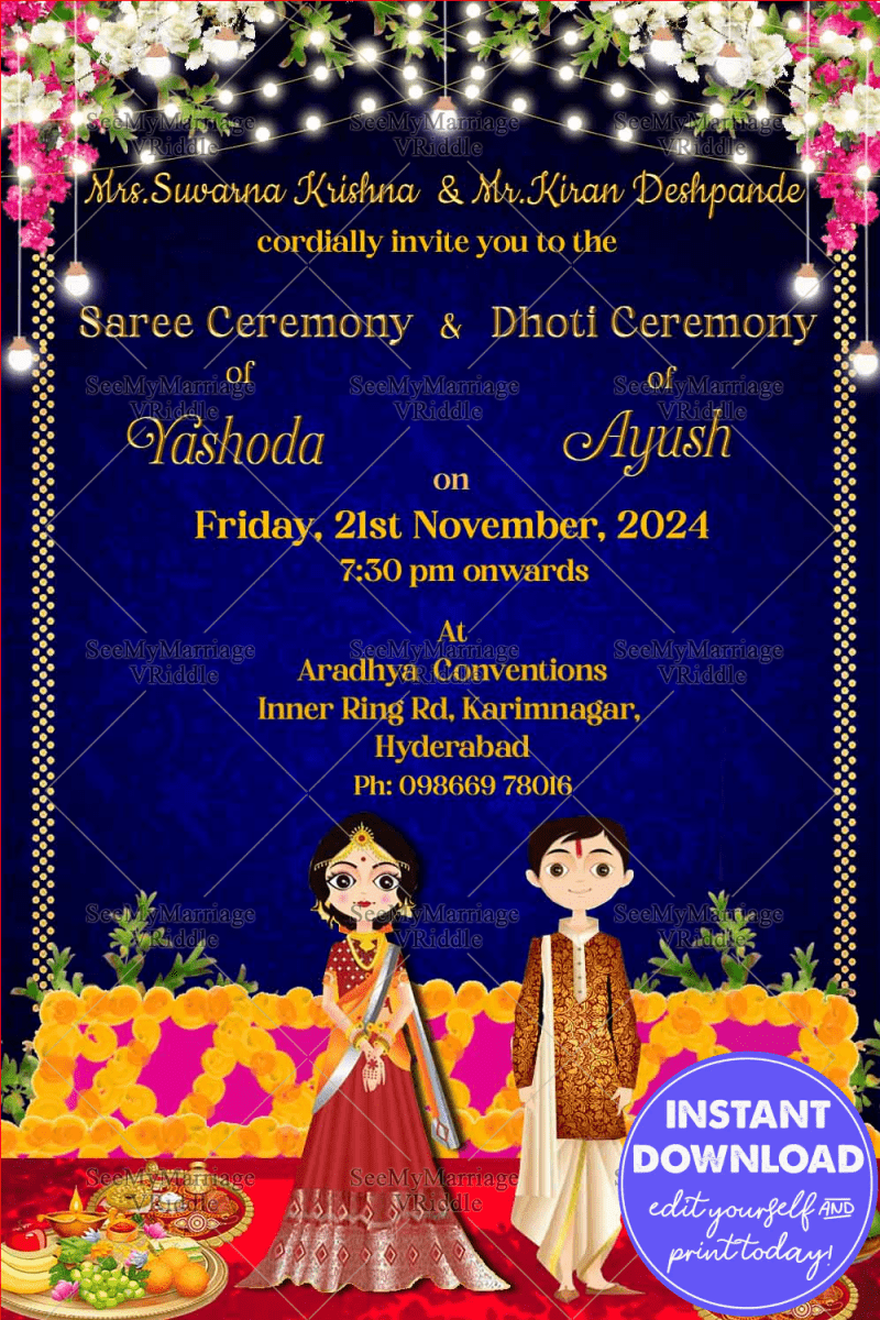 Cute Blue Dhoti Half Saree Invitation Card Grand Brother Sister ...