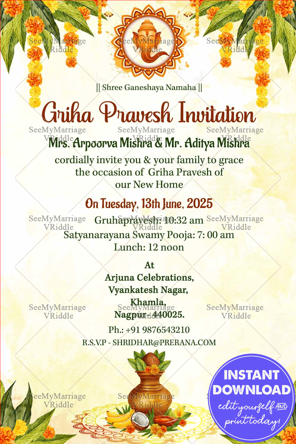 Ganesha Cream Housewarming Invitation Card Traditional Floral Accents
