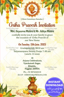 Ganesha Cream Housewarming Invitation Card Traditional Floral Accents