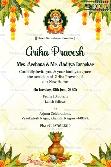 Ganesha Cream Housewarming Invitation Card Traditional Floral Accents 