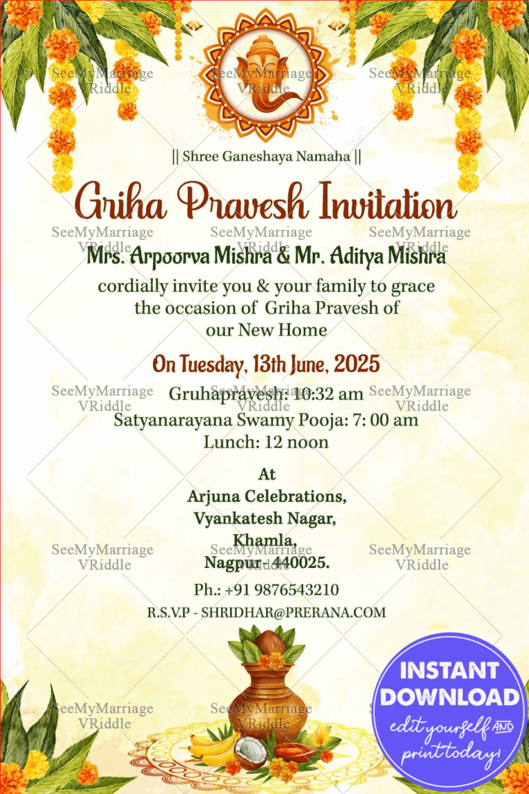 Ganesha Cream Housewarming Invitation Card Traditional Floral Accents