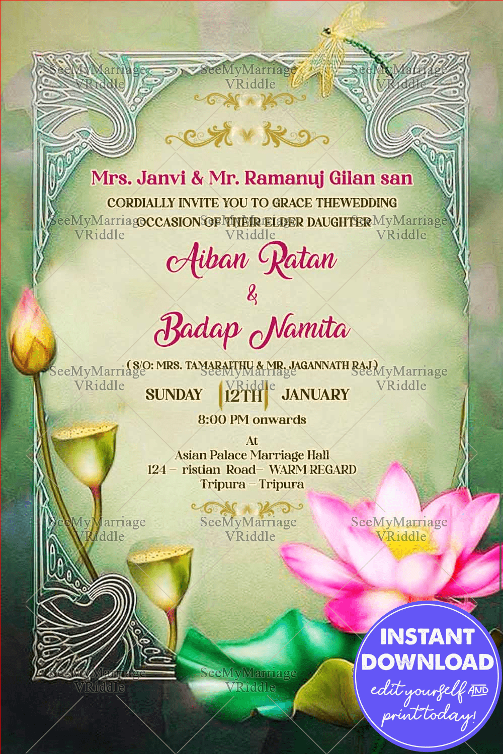 Lotus Bloom Arunanchal Wedding Invitation Green Theme